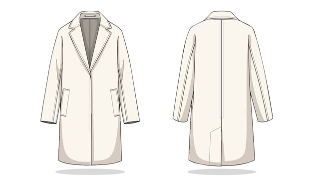 Minimalist Cream Overcoat Technical Fashion Flat Sketch, Front and Back View Vector Illustration Template