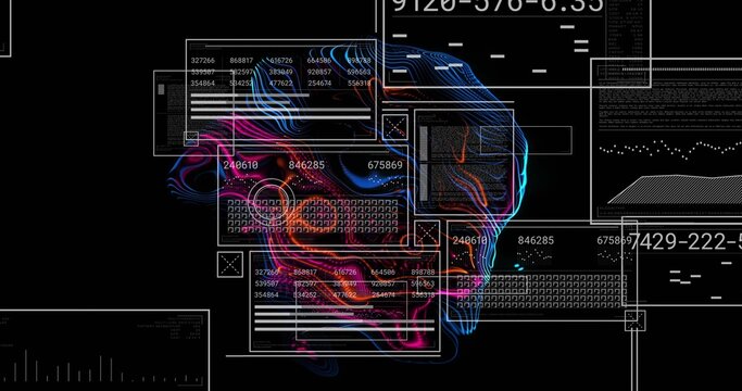 Glowing neon skull silhouette pulsing and floating on dark canvas, showing translucent UI panels