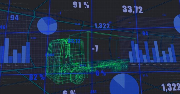 Displaying green wireframe truck model rotating over dark HUD, showing blue bar charts, pie charts