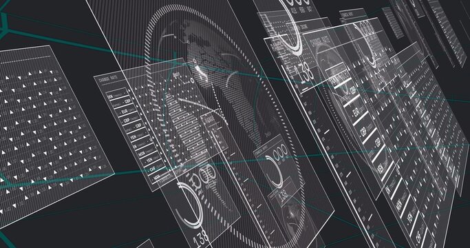 Floating translucent HUD panels showing gauges, readouts, tables, dotted globe in virtual interface