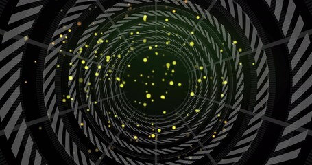 Rotating concentric spiral rings forming tunnel with striped bands, glowing particles, green void © vectorfusionart