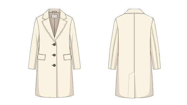 Women's Cream Long Coat Front and Back View Vector Illustration, Classic Notched Lapel Overcoat Technical Fashion Sketch Template
