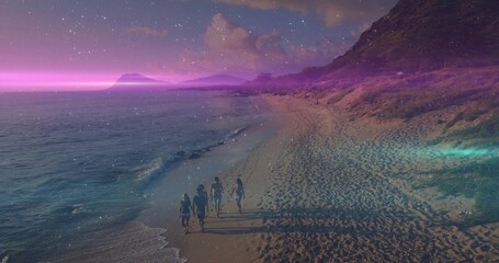 Fototapeta premium Walking five adults in beachwear barefoot leaving footprints on wet sand at twilight, calm waves
