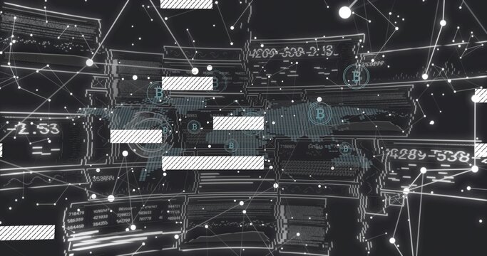 Displaying central node cluster with floating panels, connecting lines and hatched bars in 3D space