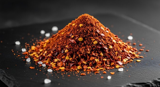 A vibrant pile of aleppo pepper flakes mixed with coarse sea salt grains arranged on a textured black slate surface in a professional culinary macro shot