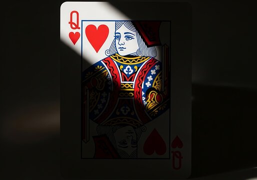 Close-up of Queen of Hearts Playing Card with Reflection.