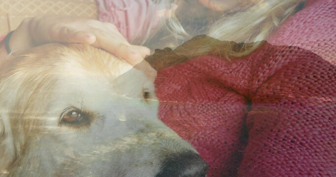 Petting big dog head with hand on owner wearing red sweater on sofa, with mountain-lake overlay