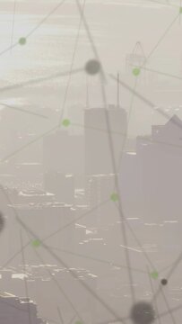 Vertical video: On data pulse, network overlay sweeping over hazy city, showing USERS:2