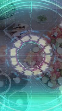 Vertical video: HUD appearing, camera panning to chopped veg tray, pulsing rings highlighting prep