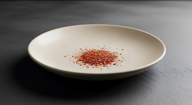 A pinch of crushed aleppo pepper spice seasoning served as a minimalist artistic centerpiece on a clean white ceramic plate against a dark moody background