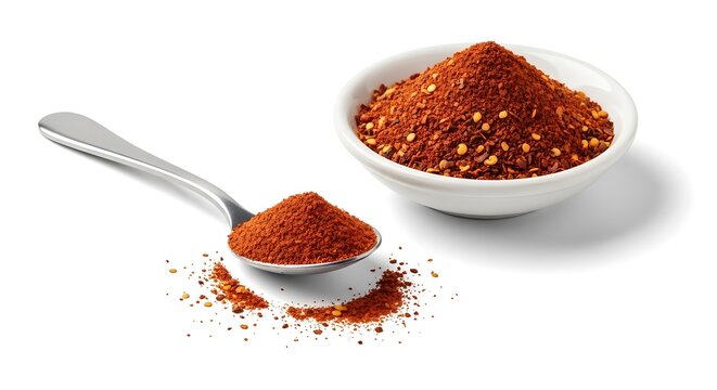 A high-angle studio shot of vibrant red aleppo pepper flakes in a white ceramic bowl beside a silver spoon filled with spice on a clean white background