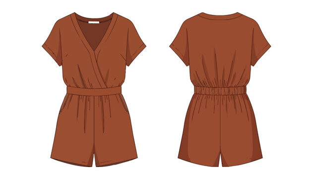 Women's Brown Romper Playsuit Vector Illustration with Front and Back Views - Fashion Technical Sketch Template