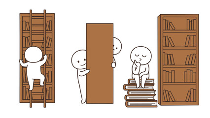 Cute cartoon characters interacting with bookshelves and books in a whimsical library setting. © Hadi