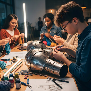 High School Student Group Collaborating on a Robotics Project with Electronics.