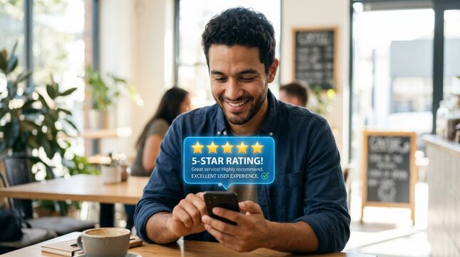 Man receiving five-star customer review notification on smartphone at modern cafe table. Online reputation management, customer satisfaction feedback, digital testimonial, service excellence.