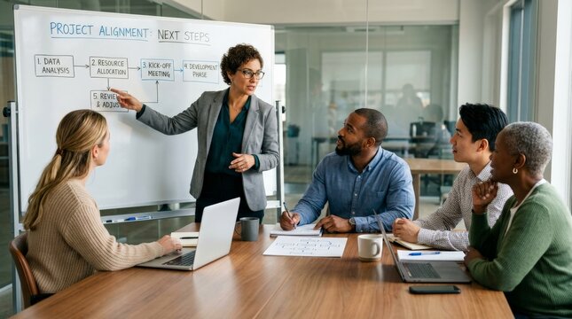 Diverse business team reviewing project alignment flowchart on whiteboard during planning meeting. Strategic workflow management, team collaboration, agile methodology, project timeline.