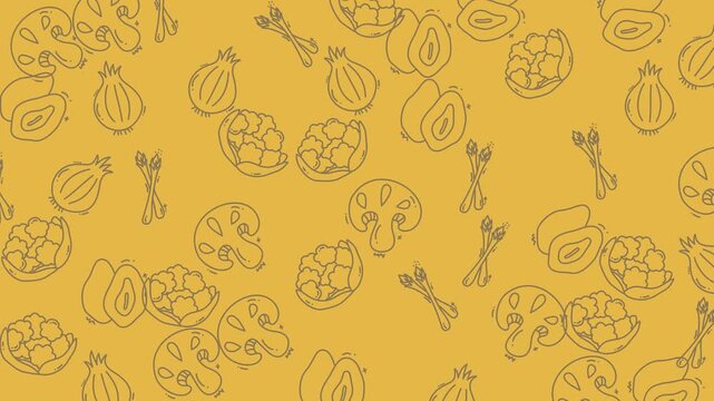 Animated Doodle Food Icons On Yellow Background Scene.