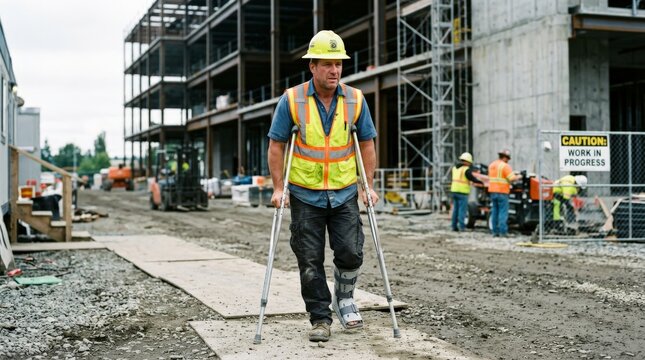 Construction worker on crutches at active building site with safety equipment and team. Workplace injury recovery, occupational safety, workers compensation, disability accommodation.