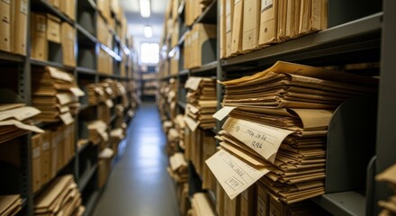 Obraz premium Historical Archive with Rows of Documents and Files.