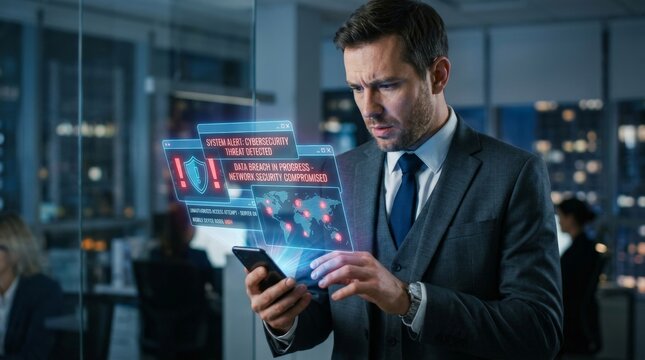 Businessman reviewing cybersecurity alert on smartphone with holographic data breach notification and global threat map display.