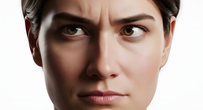 Close-up portrait of a young woman with a confused or skeptical expression, her eyes looking in different directions.