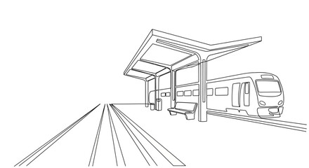 Fototapeta premium Modern train station platform line art drawing, empty waiting area with bench and shelter.