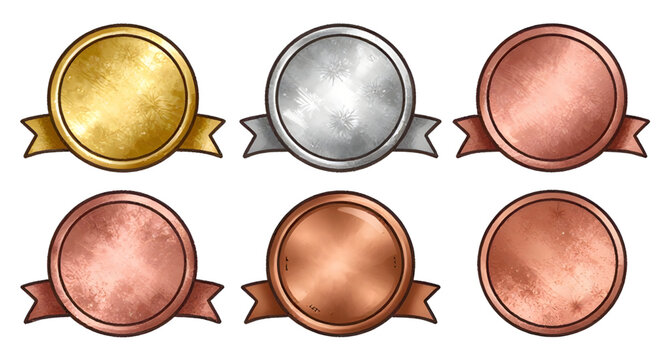 award medal set, gold silver bronze badges, first second third prize, winner medal icons, blank award circles, achievement badge design, championship medals, victory emblem collection, ranking prize b