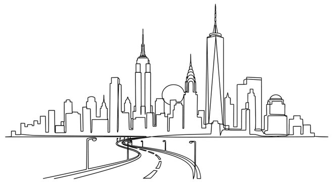 New York City Skyline Drawing with Highway Below