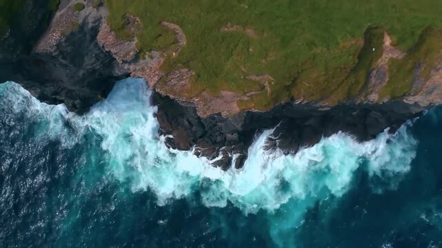 Cinematic aerial view of powerful turquoise ocean waves crashing against rugged dark rocky cliffs