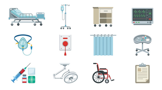 Collection of various medical equipment and healthcare related items in a simple vector style including hospital bed, IV pole, medical cart, monitor, ECG, curtain, scale, syringe, pills, bik