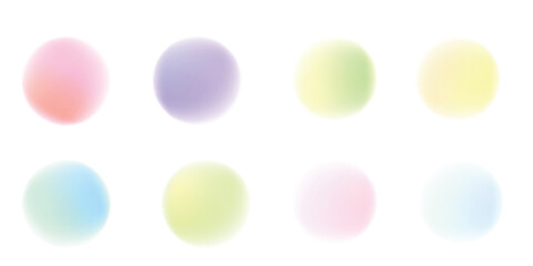 Colorful pastel gradient noise round element set. Opalescent dotwork gradation circles. Pastel pink, blue and green textured shapes. Kids sand diffuse effect callouts. Vector paint spray balls icons. © Hosen