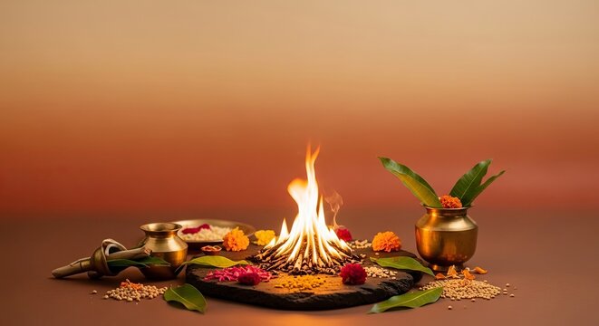 Anvadhan Ritual Background Banner with Sacred Fire, Vedic Sacrifice Elements and Earthy Tones Gradient for Spiritual and Cultural Themes