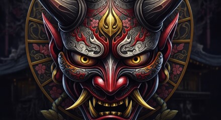 Naklejka premium Intricate Digital Illustration of a Japanese Oni Mask.