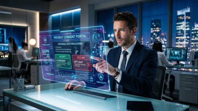 Businessman interacting with holographic privacy consent portal displaying GDPR compliance and personal data processing options in modern office.