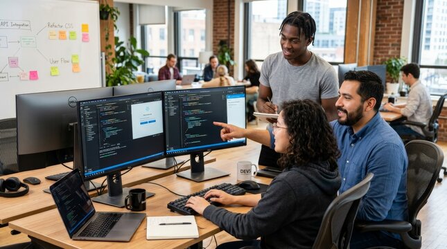 Software developers collaborating on code review at dual monitor workstation with API integration diagram on whiteboard.