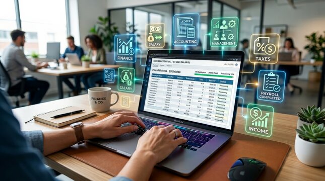 Accountant reviewing payroll spreadsheet with neon financial management icons floating above laptop screen. Salary processing, accounting software, tax compliance, income reporting.