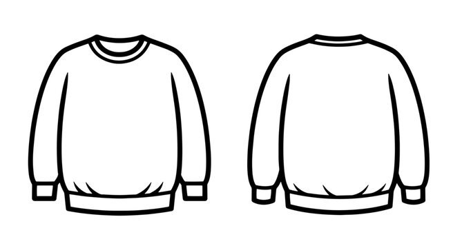 Vector line art of a basic long-sleeve crewneck sweater template, front and back view.