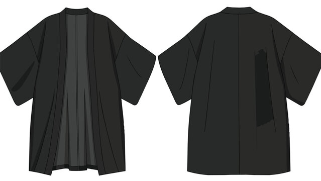 Traditional Black Kimono Jacket Haori Mockup Vector Illustration Front and Back View Technical Fashion Flat Sketch