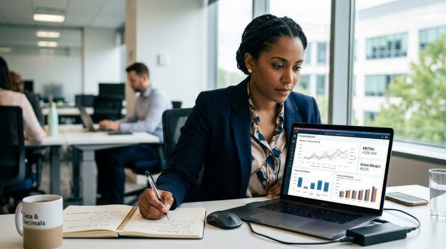 Professional woman analyzing financial dashboard with revenue charts and EBITDA metrics on laptop while taking notes. Business analytics, data-driven decision making, financial reporting.