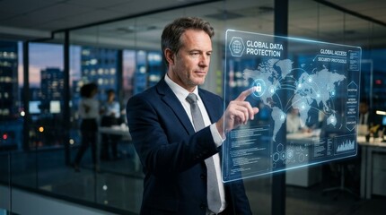 Fototapeta premium Business executive presenting global data protection dashboard with world map and security protocols on transparent digital interface in modern office.