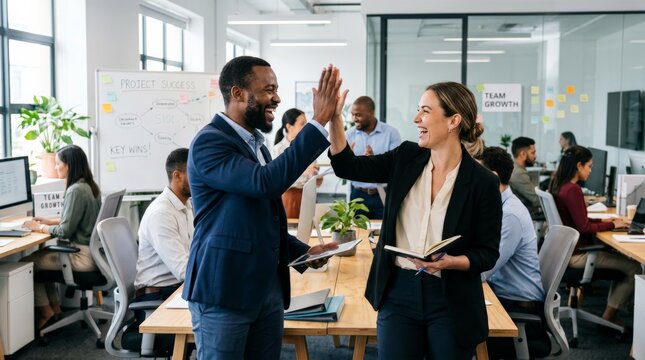 Business team celebrating success with high five in modern office workspace. Team achievement, workplace collaboration, corporate morale boost, and professional celebration concept.