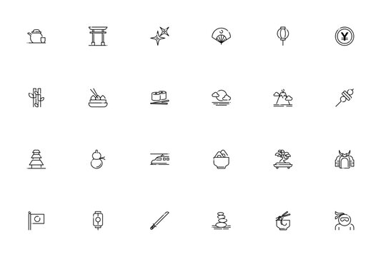 Japan icon set. Vector illustration featuring tea pot, gate, fan, sushi, katana, ninja, bonsai, yen, shinkansen and more. Editable stroke.