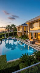 Fototapeta premium Luxury Mansion with Pool and Palm Trees at Sunset.