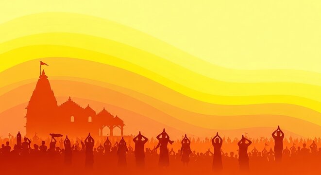 Ashadhi Ekadashi Festival Background with Temple Silhouette and Devotees Crowd Illustration, Spiritual Gradient Design with Copy Space for Greeting