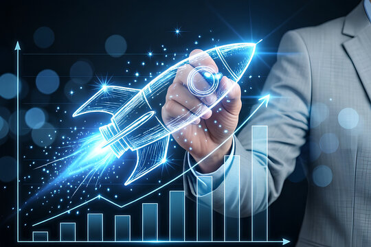startup growth concept with rocket launch and rising bar chart representing business acceleration performance metrics innovation strategy and data driven exponential success. 