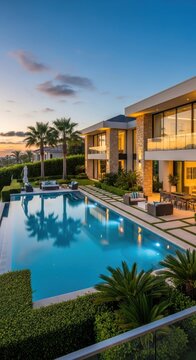 Luxury Mansion with Pool and Palm Trees at Sunset.