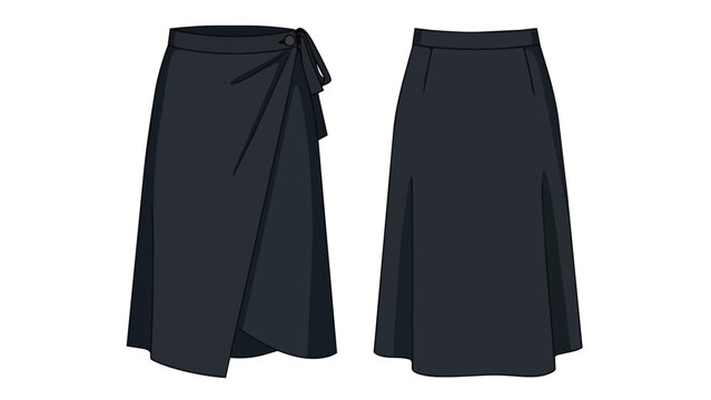 Women's Wrap Midi Skirt Vector Technical Sketch - Front and Back View Flat Apparel Template for Fashion Design