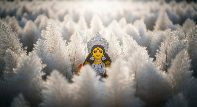 Goddess Durga Idol Amidst White Kash Phool Flowers during Autumn Festival