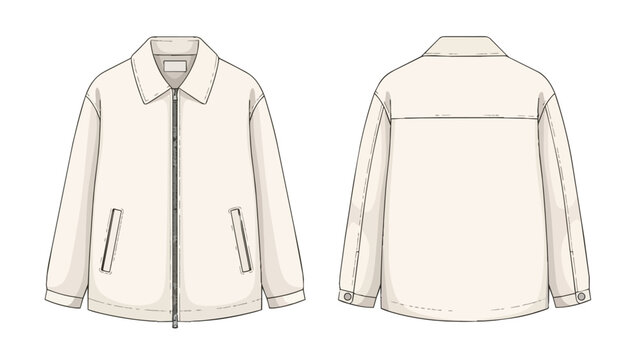 Men's Cream Zip-up Harrington Jacket Vector Technical Flat Sketch Illustration Template Front and Back Views