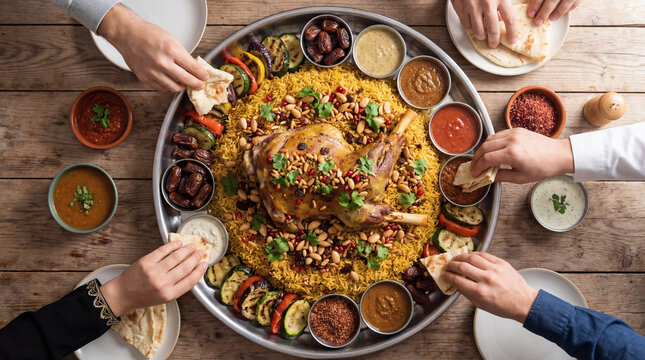 Traditional Arabic Lamb Kabsa Shared by People Top View